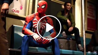 Spider man listens to music in a subway
