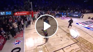 Derrick Jones Jr. Off the backboard over somebody through the legs and throws it down with the left hand. Dunk contest
