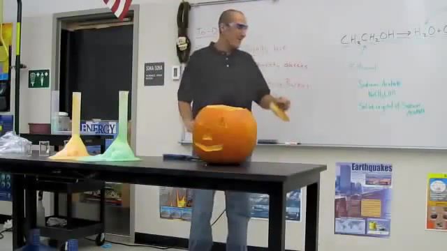 Exploding pumpkin halloween science chemistry demos, leno, jay, school, middle, up, blow, halloween, kinard, demo, science, bergmann, explode, pumpkin, jobs, steve.