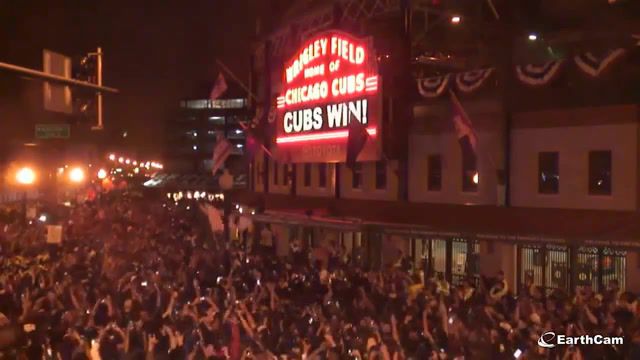 Wrigley field cubs world series win, outside wrigley, wrigley, recording, live, cubs win, win, cheer, crowd, happy crowd, reaction, world series, cubs, sports.
