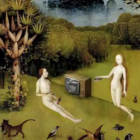 Adam and eve watching tv, uefa champions league, uefa, football, tv, remote control, god, adam and eve, art, funny, sports.
