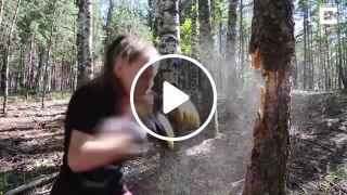 Little Girl Punches Down Tree Using Boxing Skills