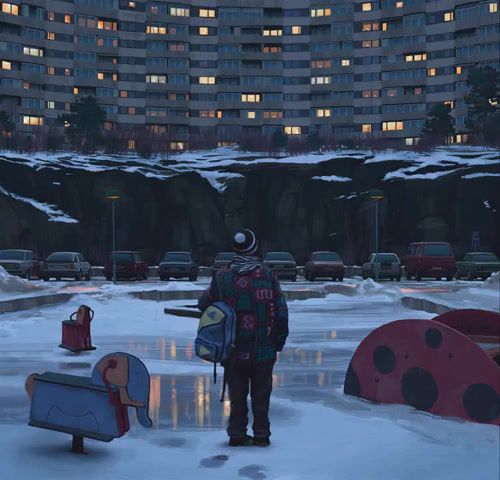 The silence of the night, art, sci fi, future, animation, futuristic, cinemagraph, cinemagraphs, living photos, simon stalenhag, prepix, inside the courtyard of the berggarden tower, things from the flood, tales from the loop, stalenhag, after effects, ambient, art design.