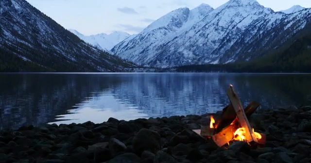 Bonfire on the Mountain Lake Coast at Twilight, Long Duration, Footage, Nature, Mountains, Altai, Multa, Multinskoe, Lake, Twilight, Bonfire, Campfire, Music, December Feverkin, Relax, Nature Travel