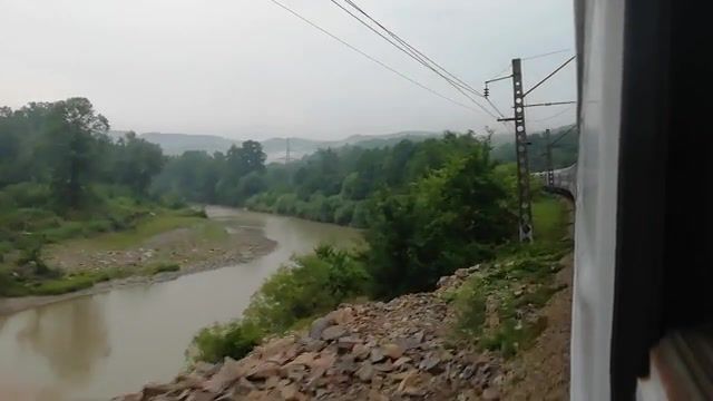 Caucasus. Rzhd. Train. Mountains. River. Music. Rain. Fog. Conductor. Pengers. Russia. Black Sea. Nature Travel.