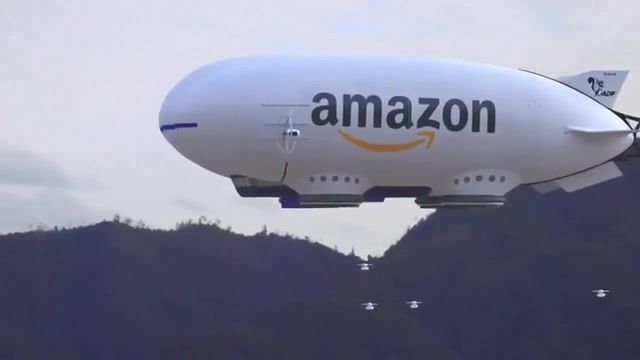 Amazon wars, imperial march, tie fighters, amazon, blimp, drones, science technology.