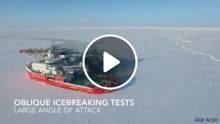 Russian asymmetric icebreaker. Extreme ice attack angles. With variable thrust vectoring. Tests