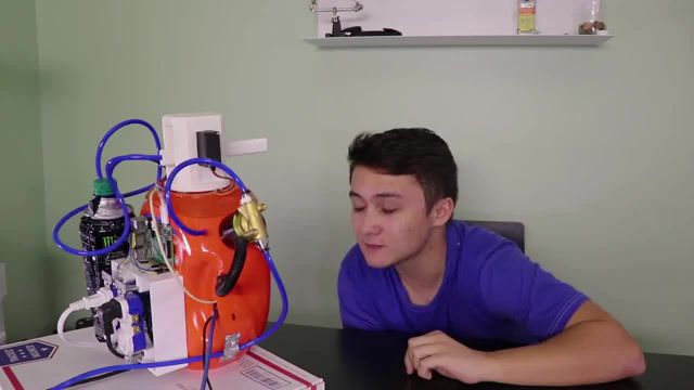 A robot that shoots energy drink at you when you get tired, robot, bad robot, funny robot, programmer, arduino, raspberry pi, satire, 3d printer, 3d printed, air compressor, pneumatics, energy drink, science technology.
