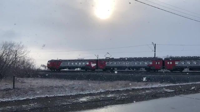 Spring snow, train, nature travel.
