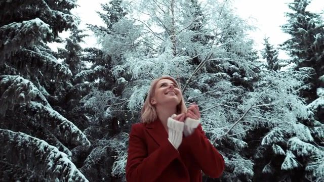 Christmas Forest. Mountains. Holiday. Woods. Snow. Blond. Beautiful. Girl. Xmas. Forest. Christmas. Nature Travel.