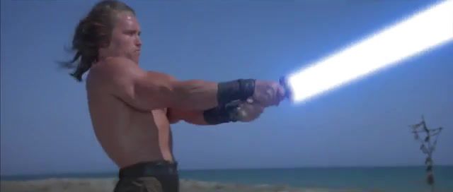 Conan tests a lightsaber, conan the barbarian, lightsaber, star wars, arnold schwarzenegger.