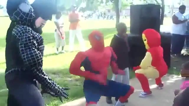 Spiderman, iron man, venom, and batman booty dance at black kids birthday party, funny, black, girls, dance, booty, iron man, marvel, birthday, spider man, iron man 2.