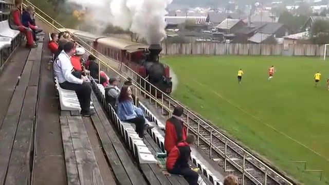 Train goes through the football stadium, Train, Slovakia, Football, Sports