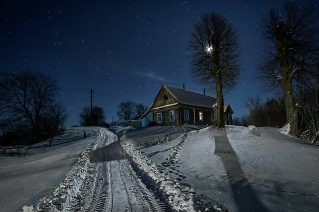 Snow village night, nature, village, night, landscape, moon, snow, winter, nature travel.