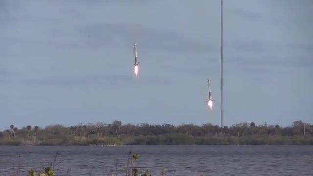 Super clear footage of twin falcon heavy booster landing, falcon heavy, elon musk, spacex, science technology.