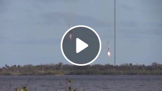Super clear footage of twin Falcon Heavy booster landing