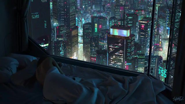 Night to forget, art, girl, bed, night, city, tokyo, japan, movie, anime, song, amv, animation, sky, music, sadness, thoughts, love, feelings, neon, 8bit, art design.