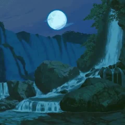 Relax Moon and Water. 32, Trees, Musical Box, Sky, Music Box, Music, Relax, Art, Landscape, Night, Stones, Water, Waterfall, Moon, Stone, Moon