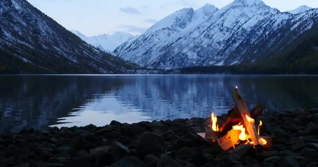 Bonfire in the mountains - Video & GIFs | ambience,blessing of vivec,morrowind,jeremy soule,nature,fire place,lake,snow,mountains,fire,campfire,nature travel