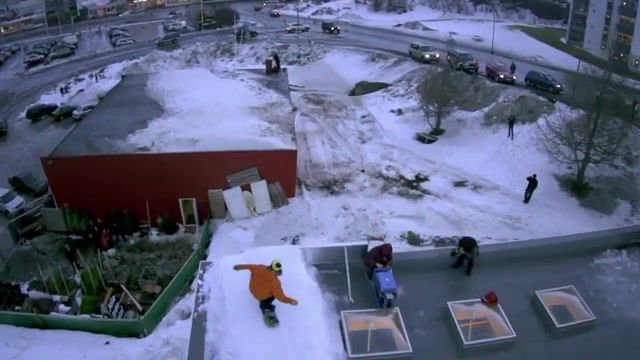 Backflip from roof, halldor helgason, snow, nike, never not, snowboarding, roof gap, back flip, neck brace, iceland, snowboard, urban, roof to roof, sports.