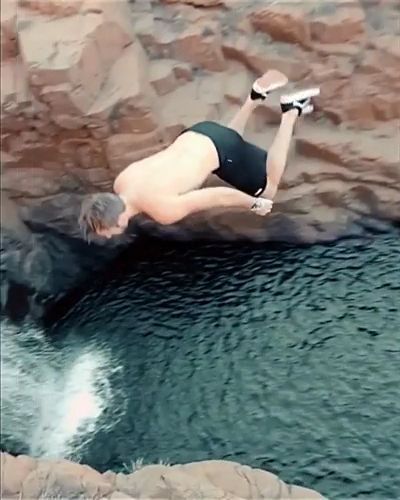 Cliff jumping off a beautiful waterfall - Video & GIFs | funny,beautiful nature,waterfall,jump