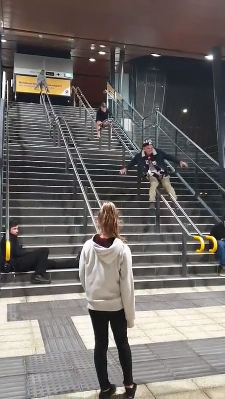 Handrail slide fail, funny, guy slides down handrail.