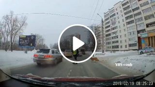 Nice policeman helping dog cross the road safely